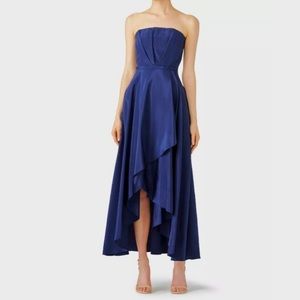 Hunter Bell Navy Blue Bailey Hi Low Strapless Gown